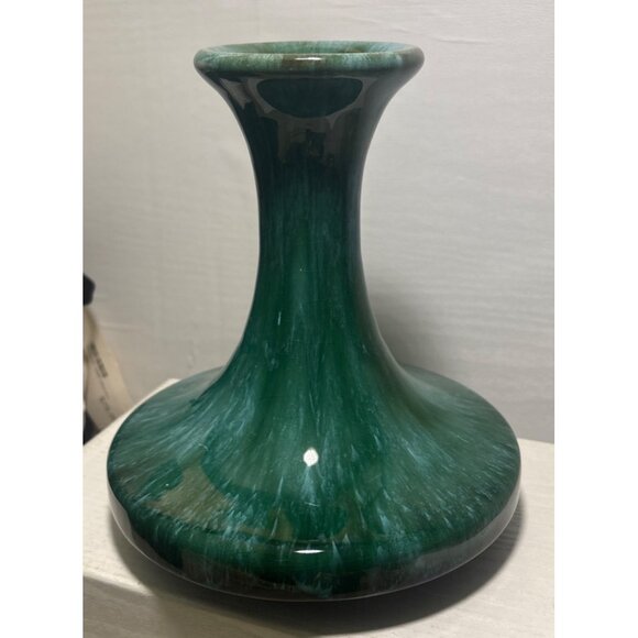 Blue Mountain Pottery Chamberstick Candle Holder Grn Drip Glaze 7" Tall MCM Vtg - Picture 2 of 8